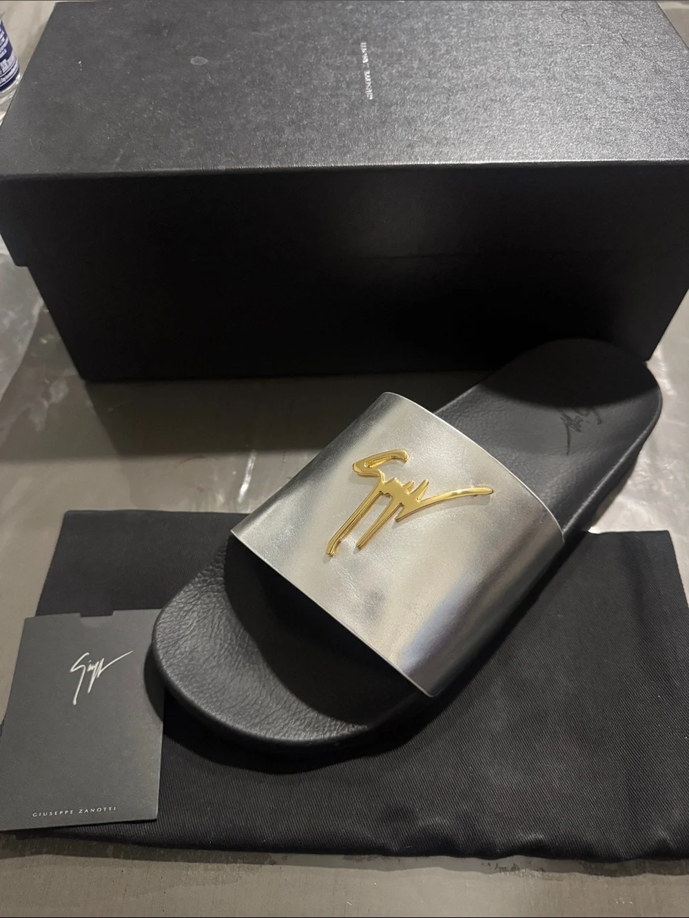 Giuseppe Zanotti Metallic Silver Slide with Gold Logo Accent
